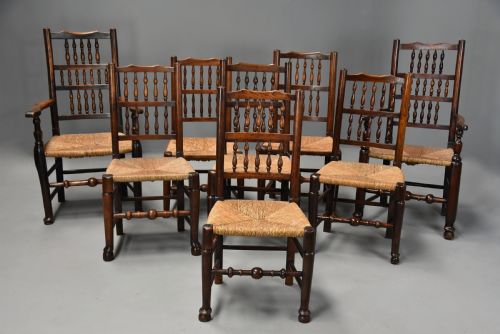 fig 1. Matched set of eight mid 19thc ash, elm and sycamore spindle back chairs of super patina