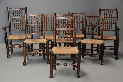 fig 2. Matched set of eight mid 19thc ash, elm and sycamore spindle back chairs of super patina