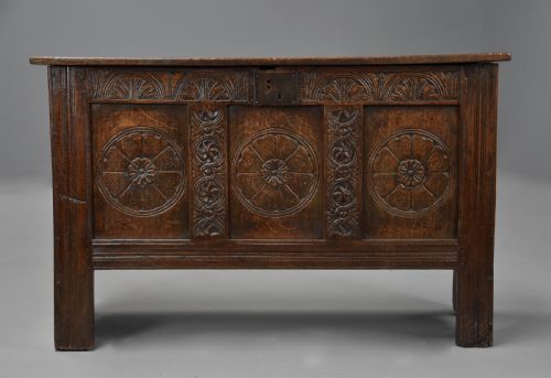 Mid 17th Century Joined and Carved Oak Coffer of Good Proportions and Fine Original Patina