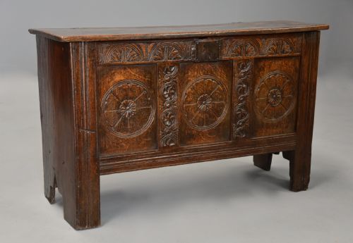fig 1. Mid 17th century joined and carved oak coffer of good proportions and fine original patina