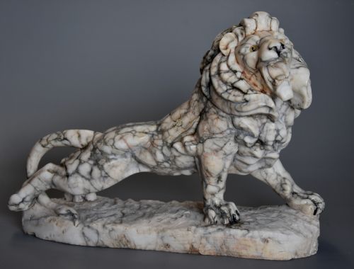 Highly Decorative French Art Deco Carved Marble Sculpture of a Roaring Male Lion