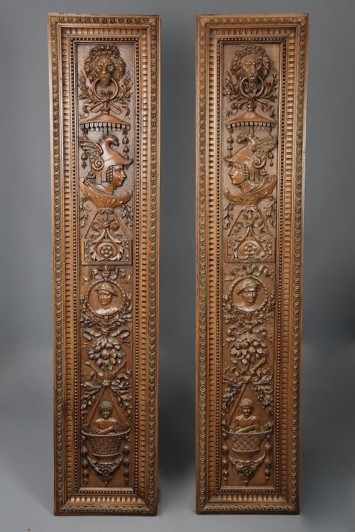 Superb Pair of Large French Late 19th Century Carved Walnut Panels Within Carved Frames
