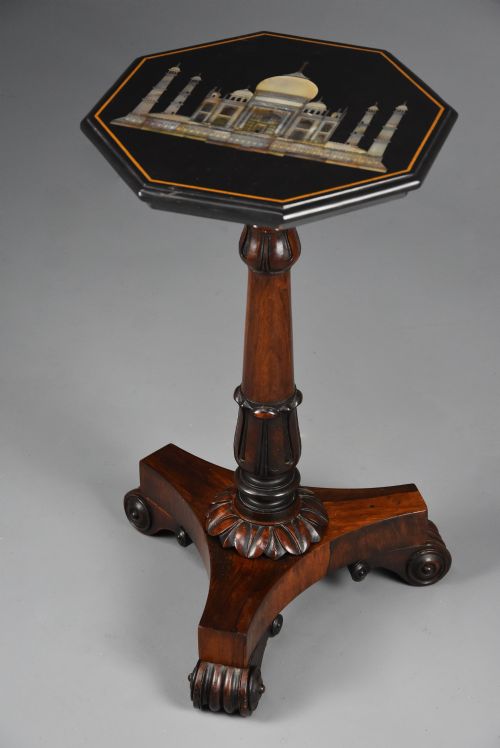 19th Century Rosewood Table with Octagonal Polished Slate Top with Inlaid Taj Mahal Design