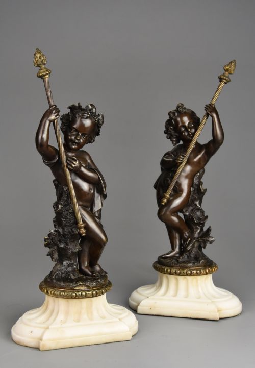 Pair of Charming Late 19thc French Bronze Putti in the Manner of Claude Michael Clodion