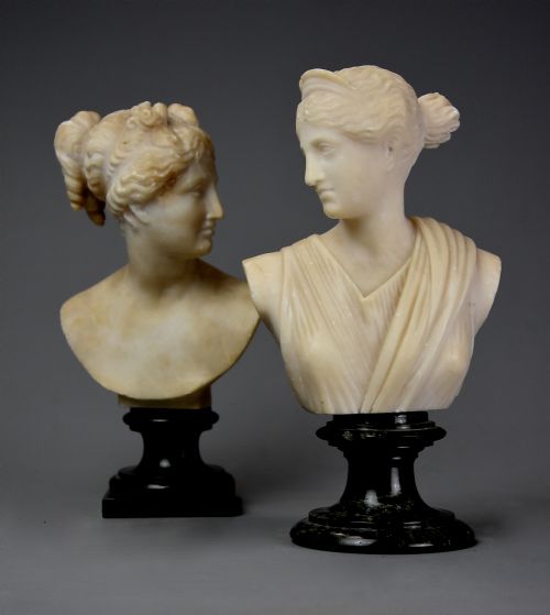 Near Pair of Late 19th Century Italian Grand Tour Alabaster Busts of Venus and Diana of Small Proportions