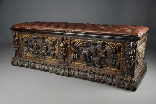 Extremely Rare Mid 16th Century Italian Walnut and Parcel Gilt Cassone (Chest), Probably from the Tuscany Region