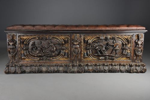 fig 1. Extremely rare mid 16th century Italian walnut and parcel gilt cassone (chest), probably from the Tuscany region
