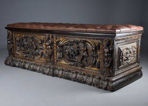 fig 2. Extremely rare mid 16th century Italian walnut and parcel gilt cassone (chest), probably from the Tuscany region
