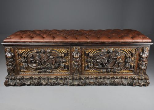 fig 3. Extremely rare mid 16th century Italian walnut and parcel gilt cassone (chest), probably from the Tuscany region