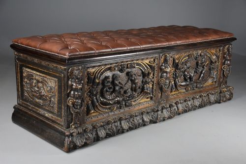 fig 4. Extremely rare mid 16th century Italian walnut and parcel gilt cassone (chest), probably from the Tuscany region