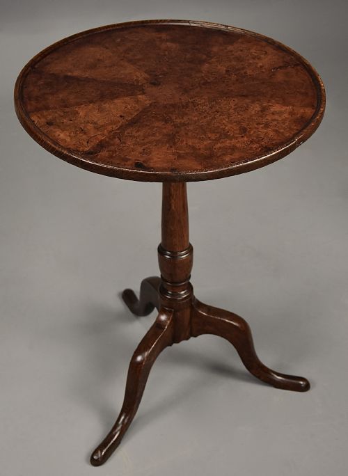 Rare Late 18th Century Oak Tripod Pedestal Table with Burr Top of Fine Patina