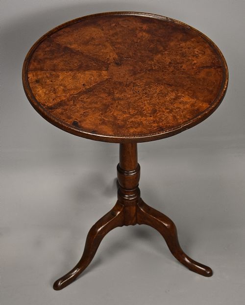 fig 1. Rare late 18th century oak tripod pedestal table with burr top of fine patina
