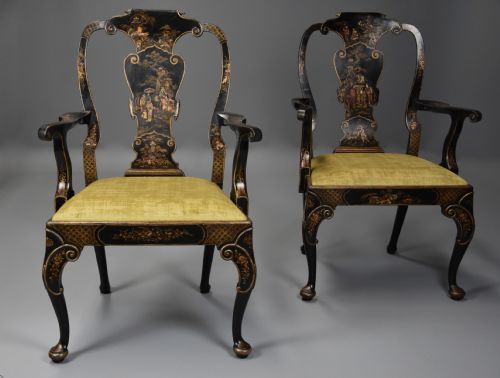 Superb Pair of Late 19th Century George II Style Japanned Armchairs of Generous Proportions