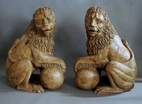 Magnificent Pair of 19th Century Life Size Italian Carved Pine Medici Lions
