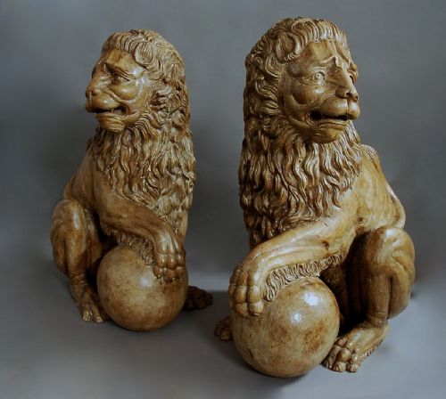 fig 1. Magnificent pair of 19th century life size Italian carved pine Medici lions