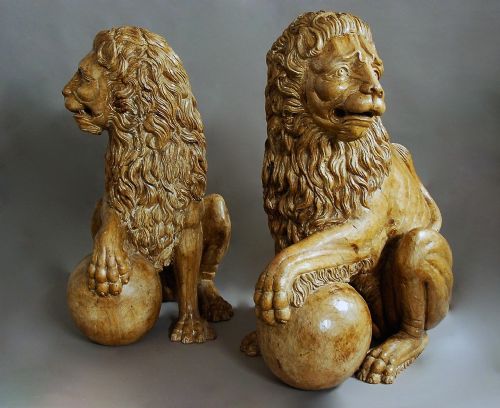 fig 2. Magnificent pair of 19th century life size Italian carved pine Medici lions