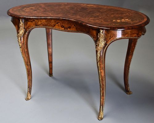 fig 1. Superb quality mid 19th century burr walnut and marquetry kidney shaped table in the manner of Gillows