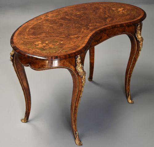 fig 2. Superb quality mid 19th century burr walnut and marquetry kidney shaped table in the manner of Gillows