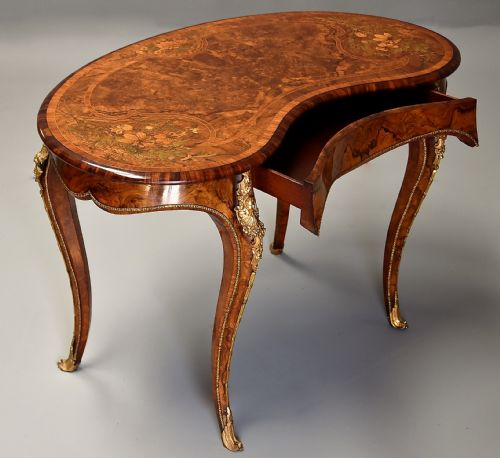 fig 3. Superb quality mid 19th century burr walnut and marquetry kidney shaped table in the manner of Gillows