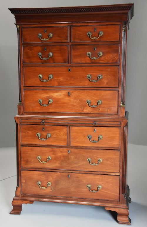 fig 1. Superb quality late 18th century mahogany chest on chest with unusual drawer configuration