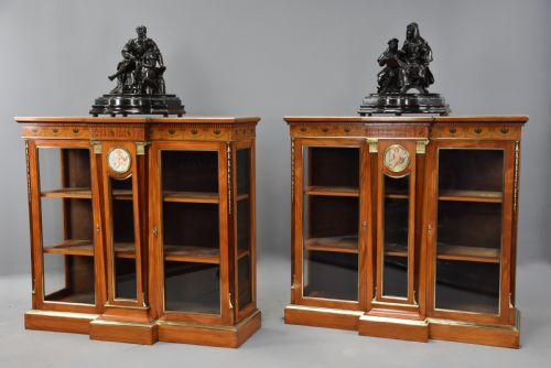 Superb Pair of Late 19thc Exhibition Quality Satinwood Breakfront Display Cabinets