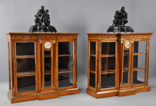 fig 1. Superb pair of late 19thc Exhibition quality satinwood breakfront display cabinets