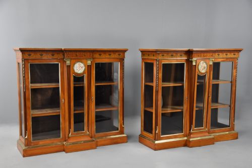 fig 2. Superb pair of late 19thc Exhibition quality satinwood breakfront display cabinets