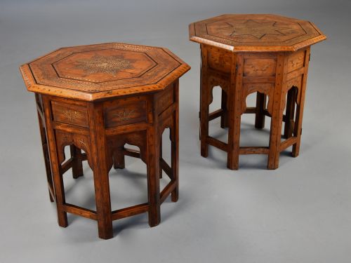 fig 1. Near pair of highly decorative late 19thc Anglo Indian Hoshiarpur inlaid hardwood octagonal tables 