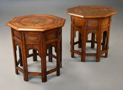 fig 2. Near pair of highly decorative late 19thc Anglo Indian Hoshiarpur inlaid hardwood octagonal tables 