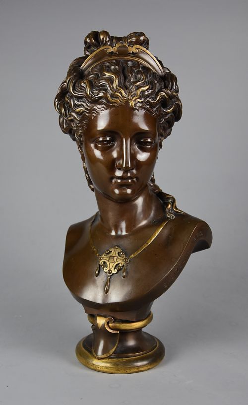 fig 1. Late 19thc fine quality French bronze bust of a female, possibly of the Roman goddess Diana, signed E. AIZELIN