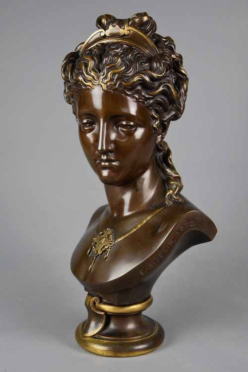 fig 2. Late 19thc fine quality French bronze bust of a female, possibly of the Roman goddess Diana, signed E. AIZELIN