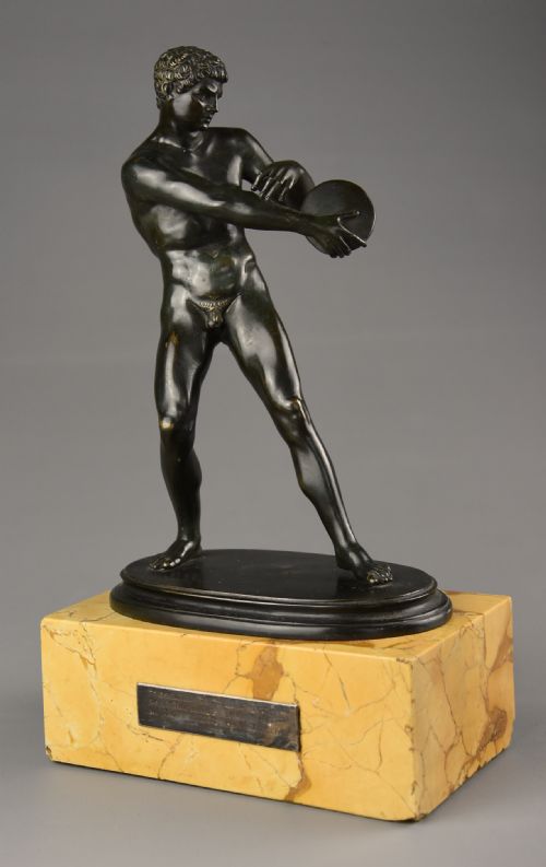 fig 1. Late 19thc fine quality Italian Grand Tour bronze figure of a discus thrower on siena marble base