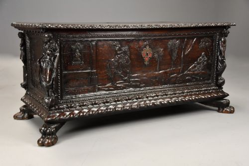 Elaborate Mid 17th Century Italian Carved Cedar and Walnut Cassone