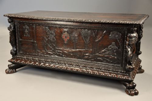 fig 1. Elaborate mid 17th century Italian carved cedar and walnut cassone