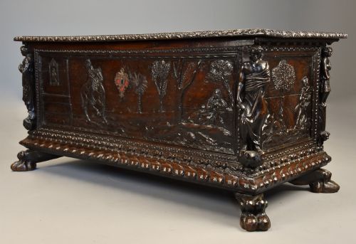 fig 2. Elaborate mid 17th century Italian carved cedar and walnut cassone