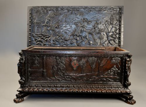 fig 3. Elaborate mid 17th century Italian carved cedar and walnut cassone