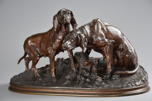 Mid 19th Century Superb Quality Bronze Group of Two Hunting Dogs Titled ‘Chiens Braque Au Repose’, Signed Pj Mene