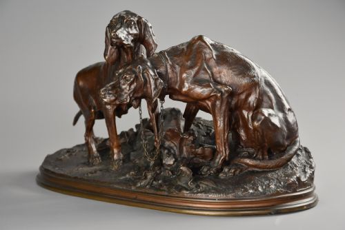 fig 1. Mid 19th century superb quality bronze group of two hunting dogs titled ‘Chiens Braque au Repose’, signed PJ Mene