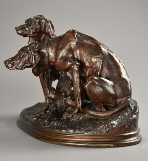 fig 2. Mid 19th century superb quality bronze group of two hunting dogs titled ‘Chiens Braque au Repose’, signed PJ Mene