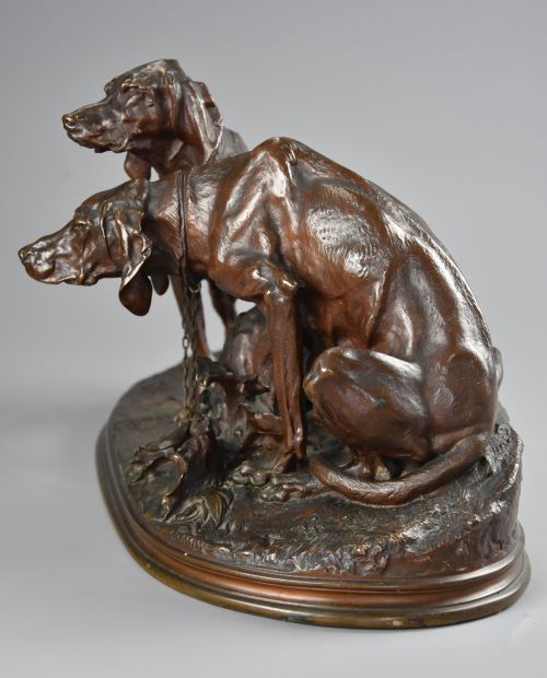 fig 3. Mid 19th century superb quality bronze group of two hunting dogs titled ‘Chiens Braque au Repose’, signed PJ Mene