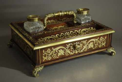SUPERB QUALITY REGENCY ROSEWOOD AND INLAID BRASS DESK STAND OR INKSTAND - ADDITIONAL PHOTO 1