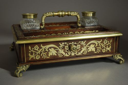 SUPERB QUALITY REGENCY ROSEWOOD AND INLAID BRASS DESK STAND OR INKSTAND - ADDITIONAL PHOTO 2