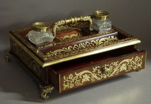 SUPERB QUALITY REGENCY ROSEWOOD AND INLAID BRASS DESK STAND OR INKSTAND - ADDITIONAL PHOTO 3