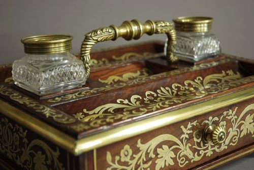 SUPERB QUALITY REGENCY ROSEWOOD AND INLAID BRASS DESK STAND OR INKSTAND - ADDITIONAL PHOTO 4