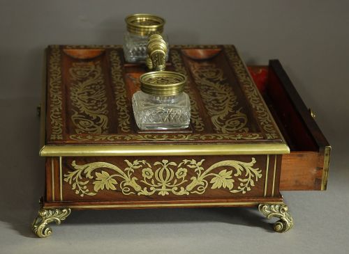 SUPERB QUALITY REGENCY ROSEWOOD AND INLAID BRASS DESK STAND OR INKSTAND - ADDITIONAL PHOTO 6