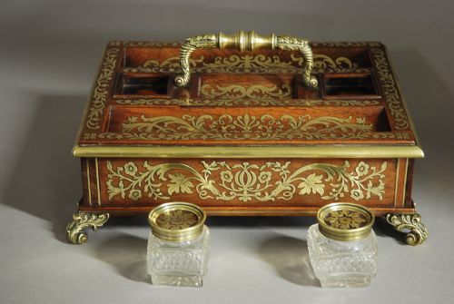 SUPERB QUALITY REGENCY ROSEWOOD AND INLAID BRASS DESK STAND OR INKSTAND - ADDITIONAL PHOTO 10