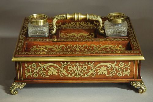 SUPERB QUALITY REGENCY ROSEWOOD AND INLAID BRASS DESK STAND OR INKSTAND - ADDITIONAL PHOTO 11