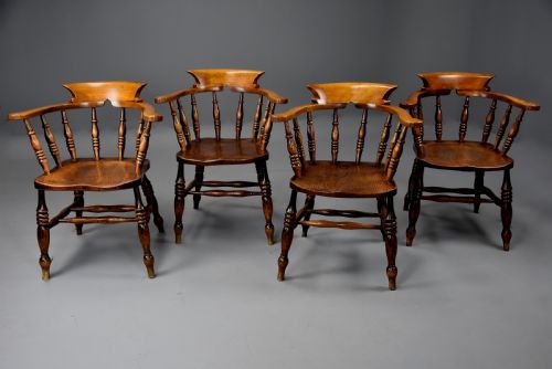 Set of Four Mid 19th Century  Ash, Elm & Beech Smokers Bow Windsor or Captain’s Chairs