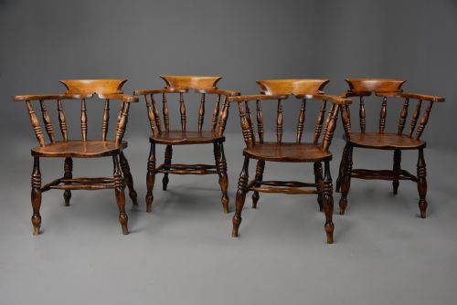 fig 1. Set of four mid 19th century  ash, elm & beech smokers bow Windsor or Captain’s chairs