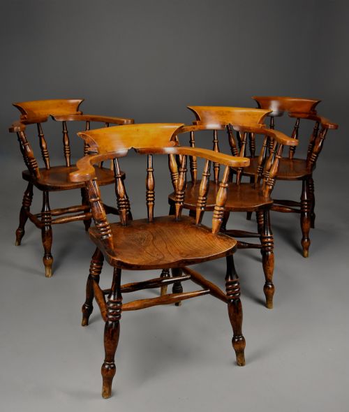fig 2. Set of four mid 19th century  ash, elm & beech smokers bow Windsor or Captain’s chairs